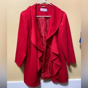 Calvin Klein Jacket Womens 14 Red Draped Ruffle Open Front Business Casual